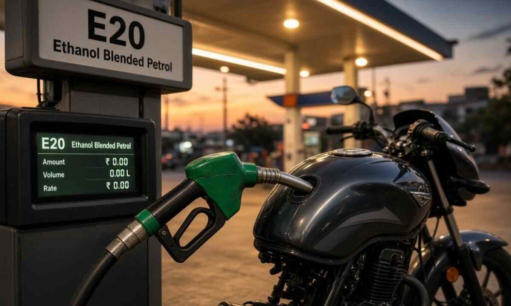 E20 petrol, ethanol blended petrol two wheeler, E20 bike mileage India, Hero MotoCorp ethanol, flex fuel two wheeler, ethanol petrol mileage drop, E20 petrol safe for bikes, two wheeler mileage after E20, Idle Stop Start bike, low rolling resistance tyres motorcycle,